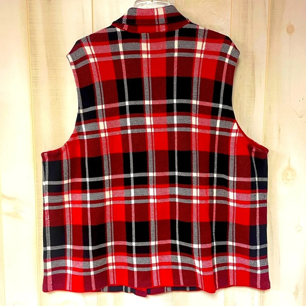 NWT Chaps Red Black White Plaid Asymmetrical Zip Cotton Vest Jacket, Sz 3X - Picture 2 of 6